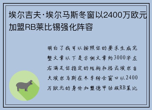 埃尔吉夫·埃尔马斯冬窗以2400万欧元加盟RB莱比锡强化阵容